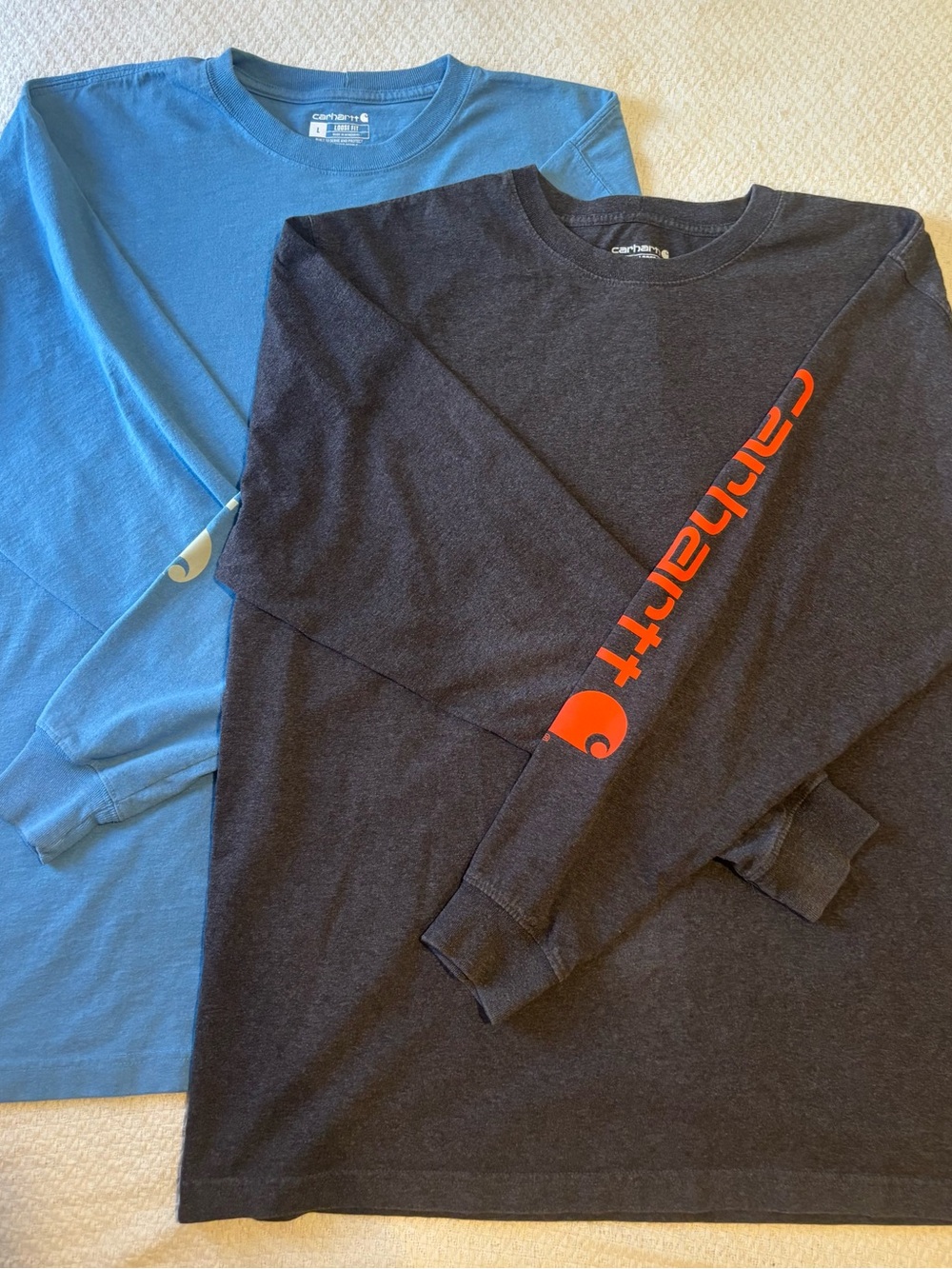 Carhartt Long-Sleeve Shirt Set — Black Top with Orange Sleeve Logo & Blue Tee
